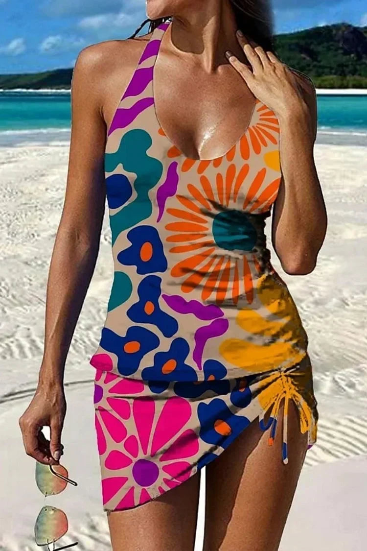 Party | Kwiatowy zestaw tankini z grafiką zakrywającą brzuch